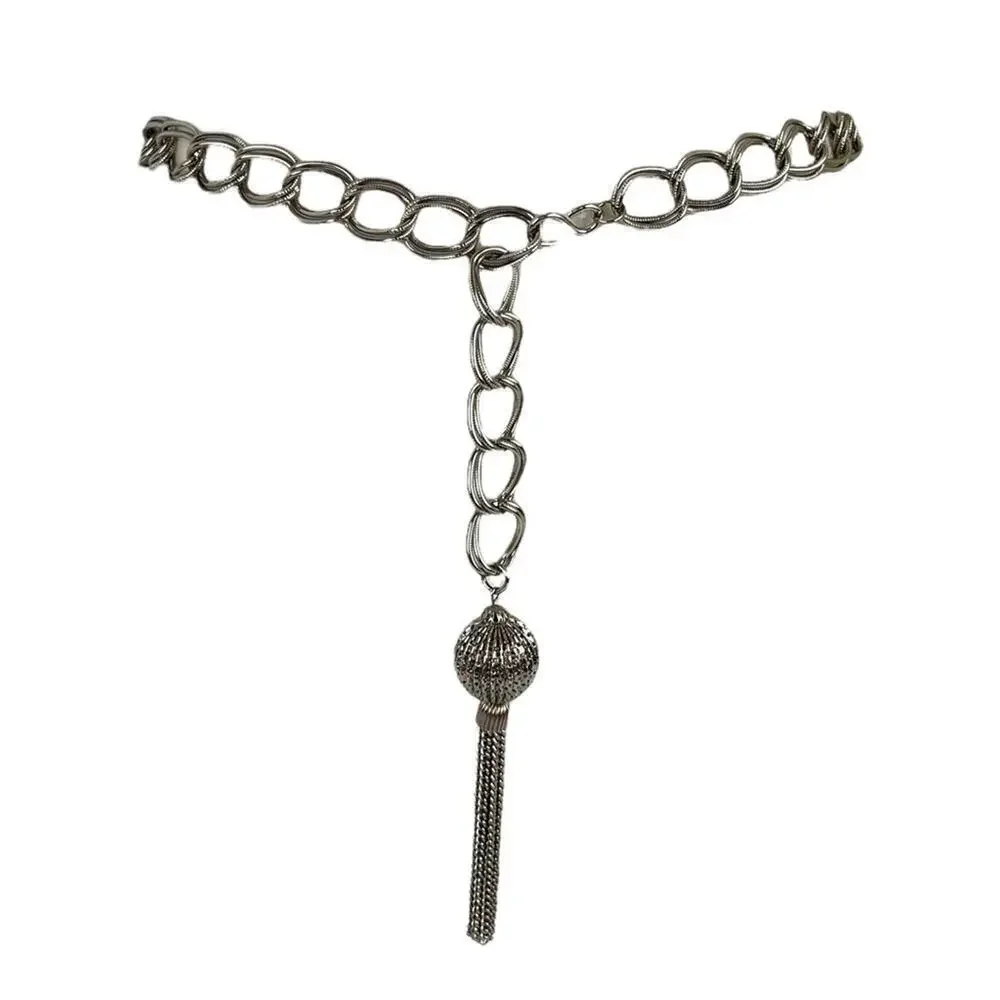 VTG Retro Silver Belt Metal Link Chain Belt Tassel Charm